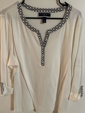 Karen Scott Plus Size 1X Cream Henley with Black Geometric Trim